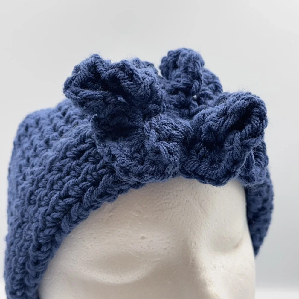 Crochet Handmade Woman's Blue Flower Hat‎ Folded Up